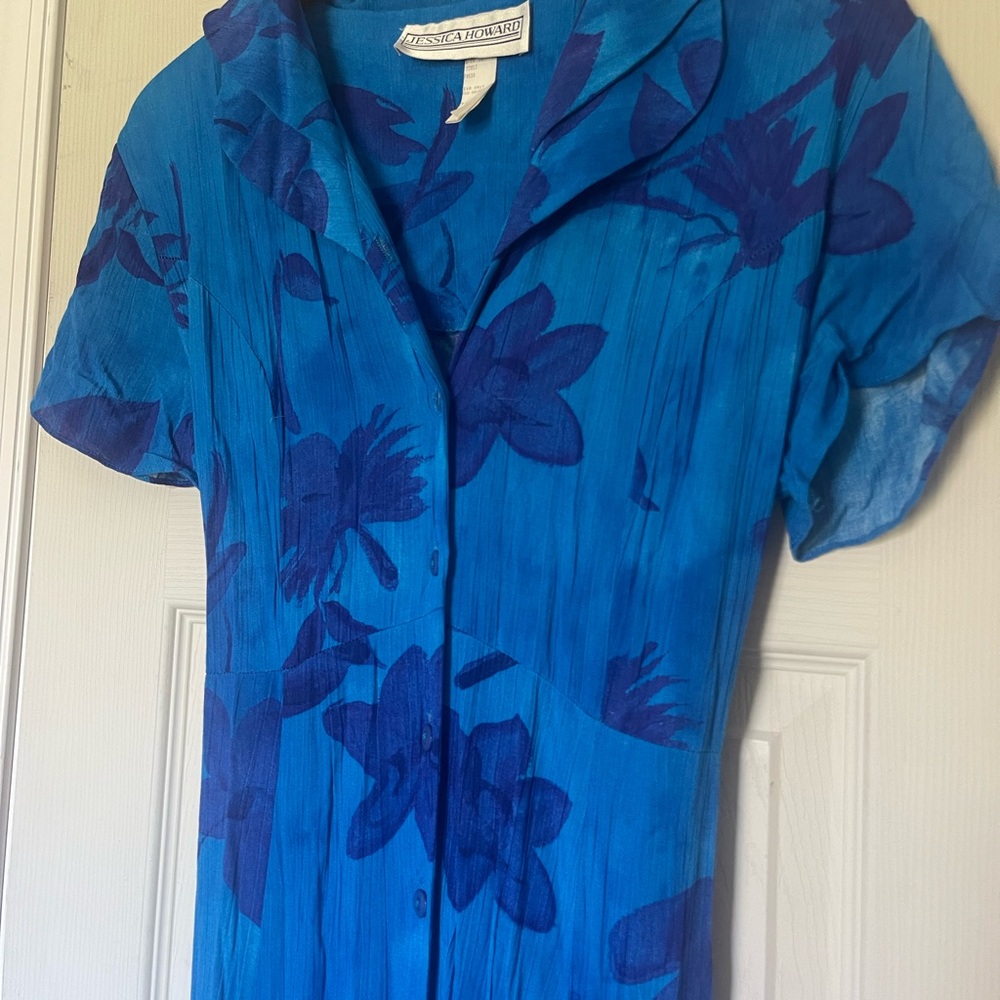 90’s vintage Jessica Howard maxi style dress. A vibrant blue and purple floral.